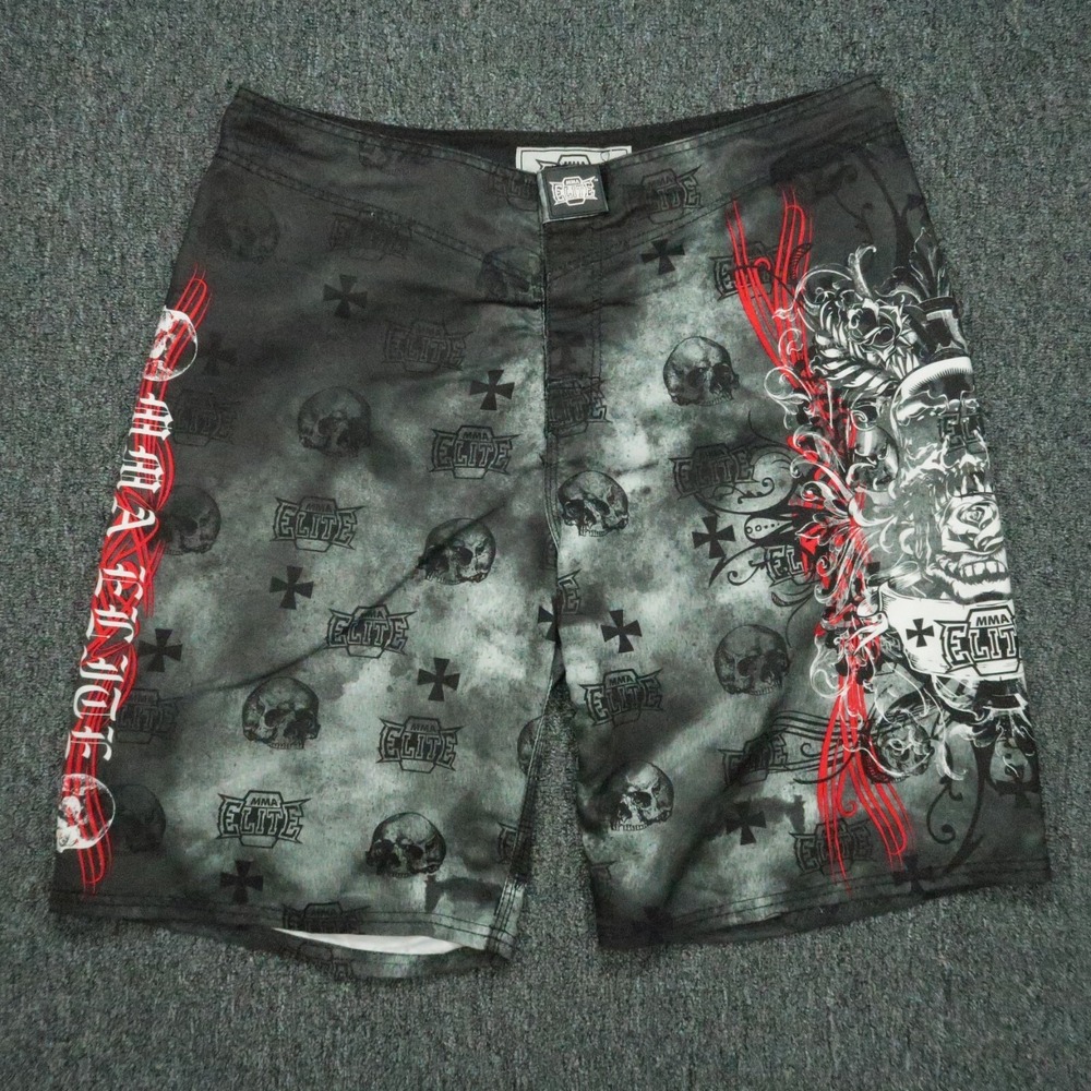 MMA Elite Shorts Mens Large Gray Black Skull Jiu Jitsu Wrestling Training